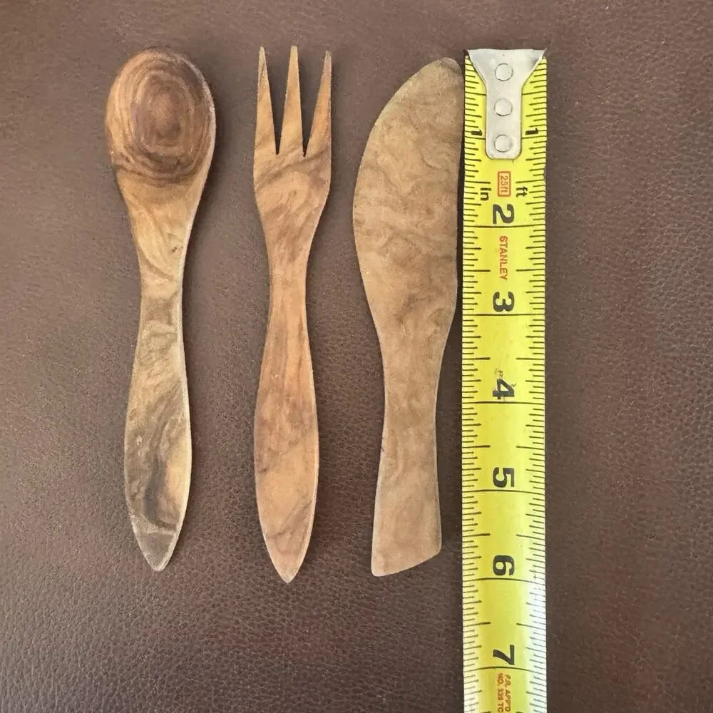 Hand Carved Rustic Wood Flatware Set Spoon Fork Butter Knife Medium Brown Spain